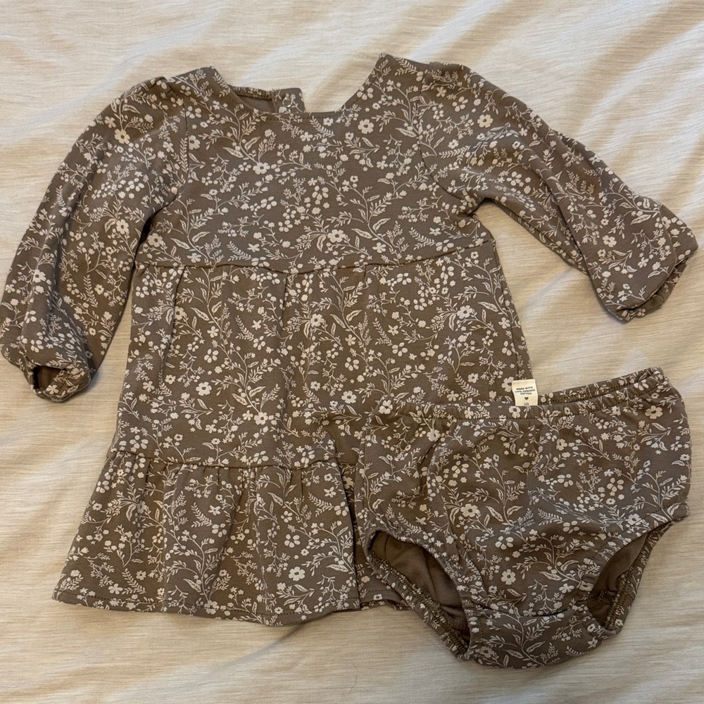 Colored Organics Floral Baby Dress & Bloomer Set - Taupe and Cream size 6-12